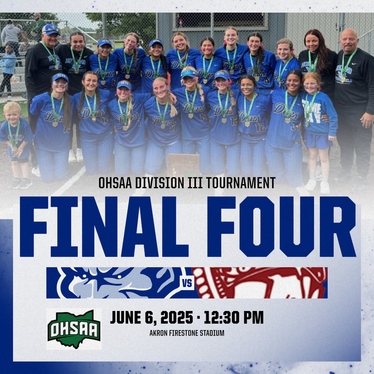Good luck to the Lady Blue Devil Softball team as they take on Boardman in today's Final Four match-up! 
Go get 'em, girls 💙 😈 🥎

🆚 Boardman
📍 Akron Firestone Stadium
🕕 12:30 PM
🎟️ ohsaa.org/tickets