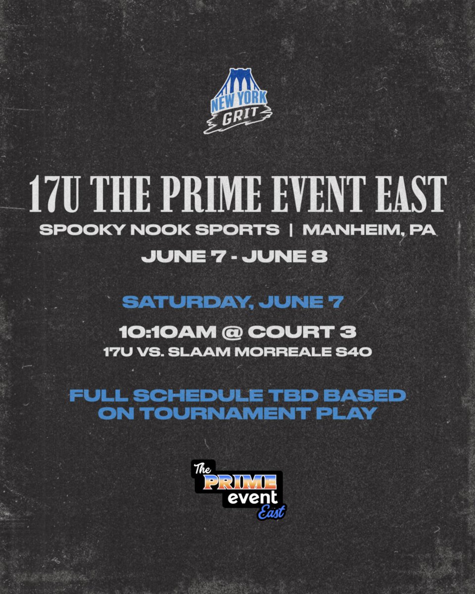 17U is pulling up to Spooky Nook for The Prime Event East 💪Catch us on the court! More games TBD based on how we show out this weekend! 🏀

#GRITstrong #newyorkGRIT #ThePrimeEvent #nybasketball #brooklynbasketball