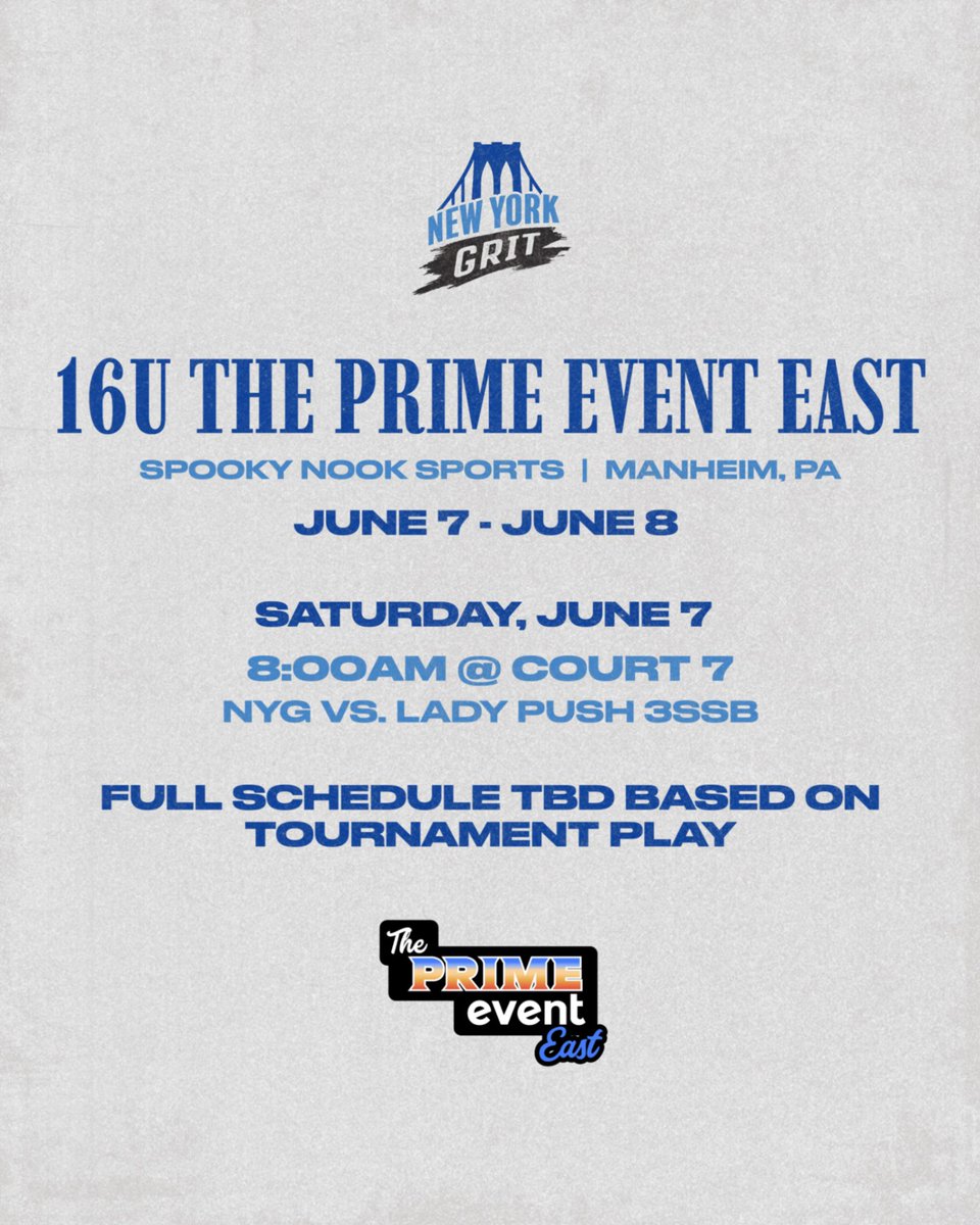 16U is locked in for The Prime Event East at Spooky Nook Sports in Manheim, PA 🏀Here’s what we know so far. Rest of the schedule drops as the tournament unfolds!

#GRITstrong #newyorkGRIT #ThePrimeEvent #nybasketball #brooklynbasketball