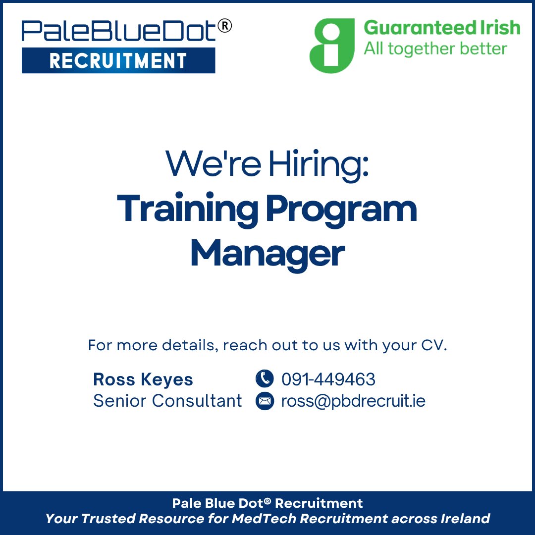 Our client is a industry-leading sampling and analysis organization. Due to unprecedented growth, the Company is currently hiring for a Training Program Manager.

Contact Ross or visit pbdrecruit.ie/explorejobs/#j…
for all the details
#PaleBlueDotRecruitment #MedTech