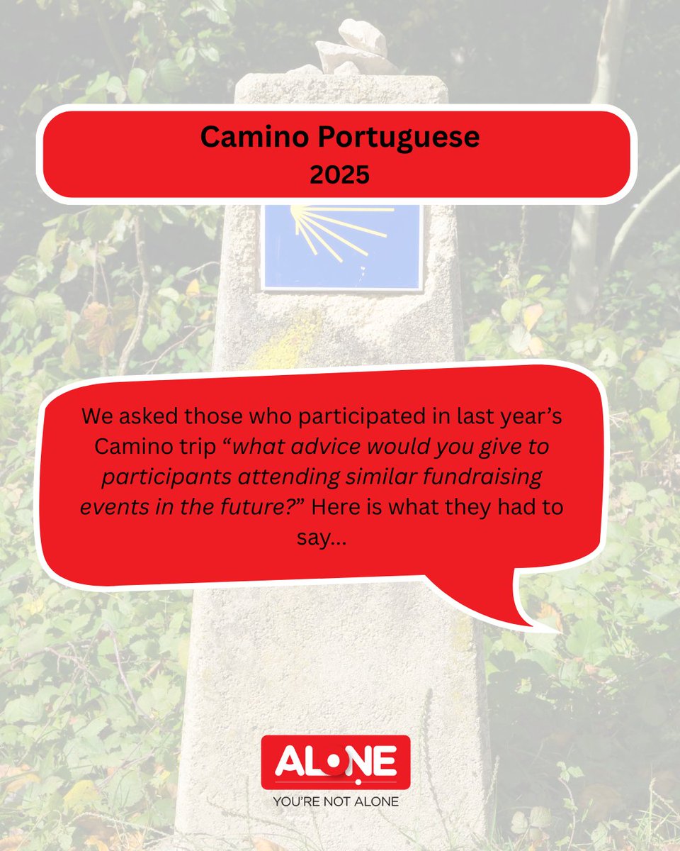 ALONE_IRELAND's tweet image. Bucket list trip:

Join us for seven nights on the 24th of September,  as we lace up our walking shoes and head to Spain, to take on the 2nd stage of the Camino Portuguese route. 

For more information, please contact Anne-Marie on 086 192 1523 or annemarie.oreilly@alone.ie