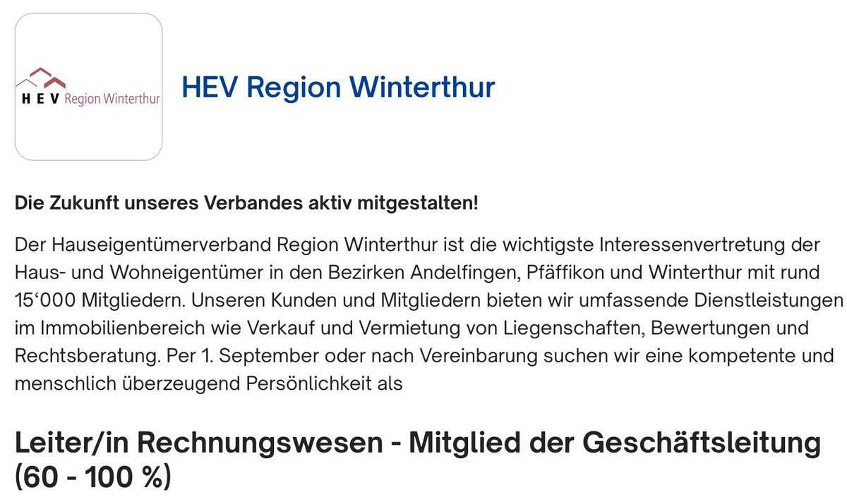 Ralph Bauert (@ralphbauert) on Twitter photo Arbeiten beim Hauseigentümerverband? Werden Sie unser neues Geschäftsleitungsmitglied und übernehmen Sie die Verantwortung für das Rechnungswesen. Weitere Informationen: hev-winterthur.ch/verband/jobs/l…
#nowhiring #recruiting #jetztbewerben <a href="/HEVWinterthur/">HEV Winterthur</a> Arbeiten beim Hauseigentümerverband? Werden Sie unser neues Geschäftsleitungsmitglied und übernehmen Sie die Verantwortung für das Rechnungswesen. Weitere Informationen: hev-winterthur.ch/verband/jobs/l…
#nowhiring #recruiting #jetztbewerben <a href="/HEVWinterthur/">HEV Winterthur</a>