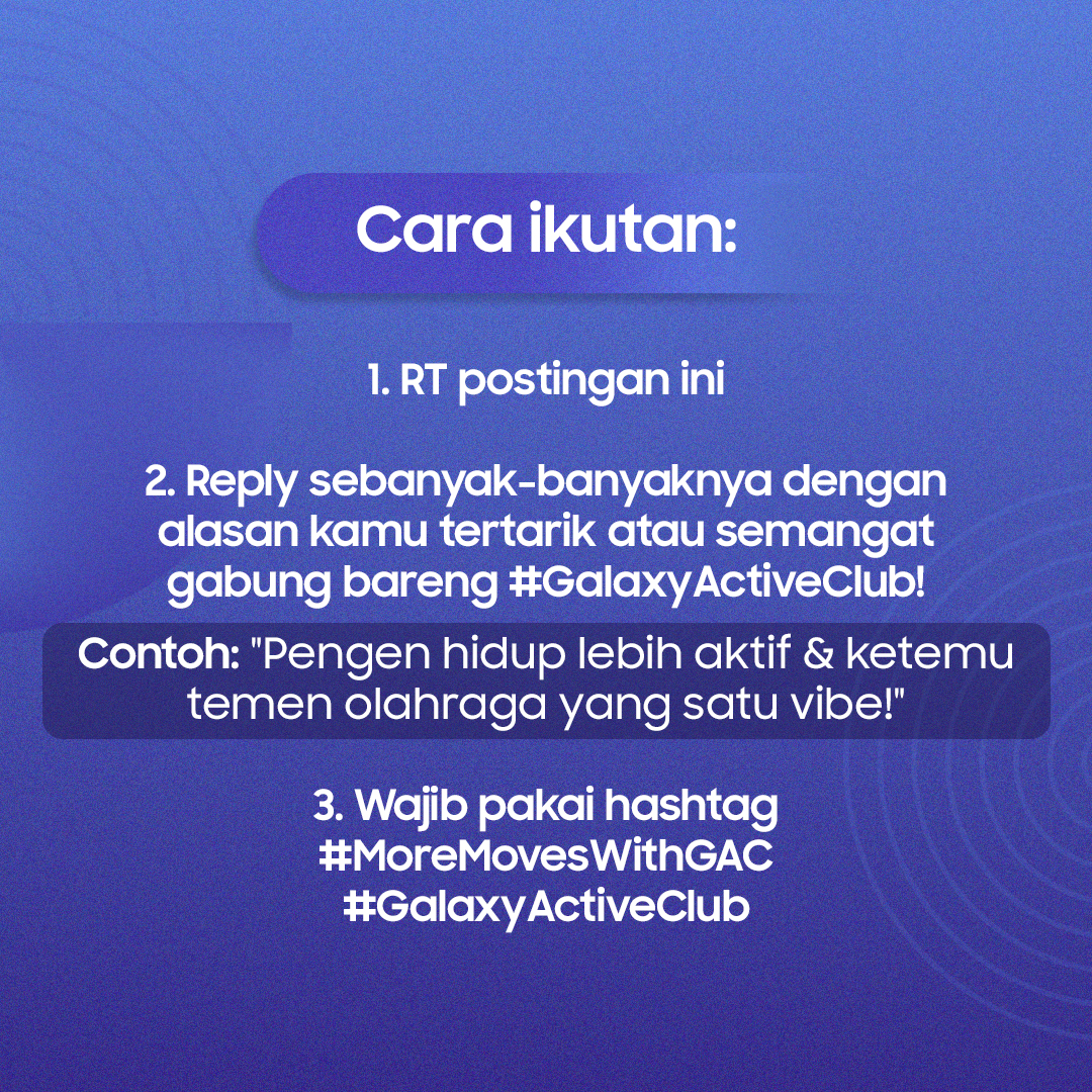 samsungID's tweet photo. Aktif bareng #GalaxyActiveClub, siapa takut? #MoreMovesWithGAC💪

Punya alasan sendiri kenapa pengen mulai hidup lebih aktif? Atau lagi cari temen olahraga yang satu vibe?

Yuk ikutan REPLY & WIN!

Ceritain alasan kamu sebanyak-banyaknya di reply dan menangkan hadiah uang digital total Rp1.000.000! 💸