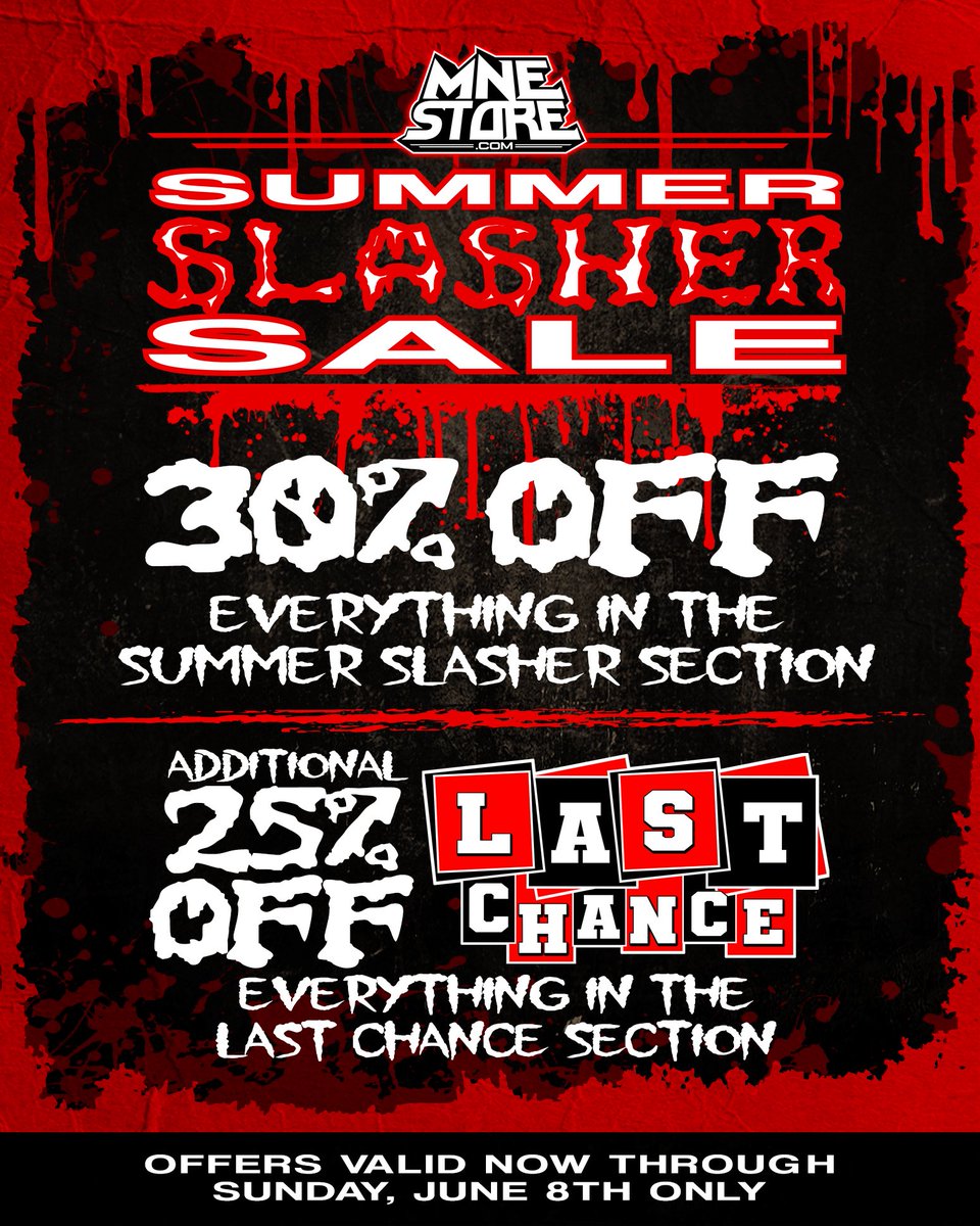 Now’s your chance to get a massive 30% off everything in the “Summer Slasher” section @twiztidshop with an additional 25% off the “Last Chance” section‼️
The Summer Slasher Sale is happening right now, through until Sunday 🔪
mnestore.com