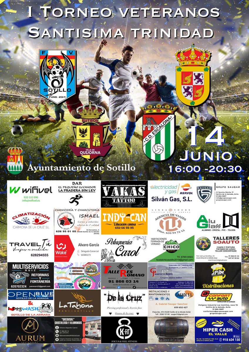 I TORNEO DE VETERANOS SANTÍSIMA TRINIDAD
📆14 de junio desde las 16:00h 
📌Campo de fútbol de El Teso
#SotilloConóceloyDisfruta #sotillo365días #Sotillolohacemosentretodos