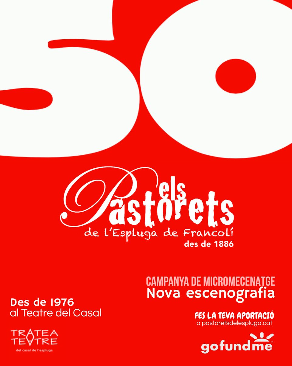 Pastorets de l'Espluga de Francolí (@pastoretsef) on Twitter photo 👋🏻 Ja has fet la teva aportació per la nova #escenografia dels <a href="/pastoretsef/">Pastorets de l'Espluga de Francolí</a>?
📲 Segueix oberta la campanya a pastoretsdelespluga.cat i a gofundme.com.
💶 Participa i celebrem plegats els 50 anys de #Pastorets al Casal i els 140 anys de representacions a la vila. 👋🏻 Ja has fet la teva aportació per la nova #escenografia dels <a href="/pastoretsef/">Pastorets de l'Espluga de Francolí</a>?
📲 Segueix oberta la campanya a pastoretsdelespluga.cat i a gofundme.com.
💶 Participa i celebrem plegats els 50 anys de #Pastorets al Casal i els 140 anys de representacions a la vila.