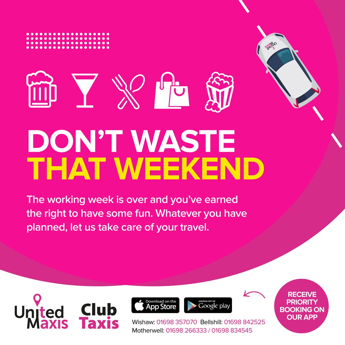 UnitedMaxis's tweet photo. DON'T WASTE THAT WEEKEND!! 🤩
The working week is over and you've earned the right to have some fun. Whatever you have planned, let us take care of your travel... ⤵️
📲 → Book on the App https://t.co/T953wMpv19 (iOS &amp; Android)
☎️ → 01698 357070
#bellshill #wishaw #motherwell https://t.co/PoQcb95f2Y