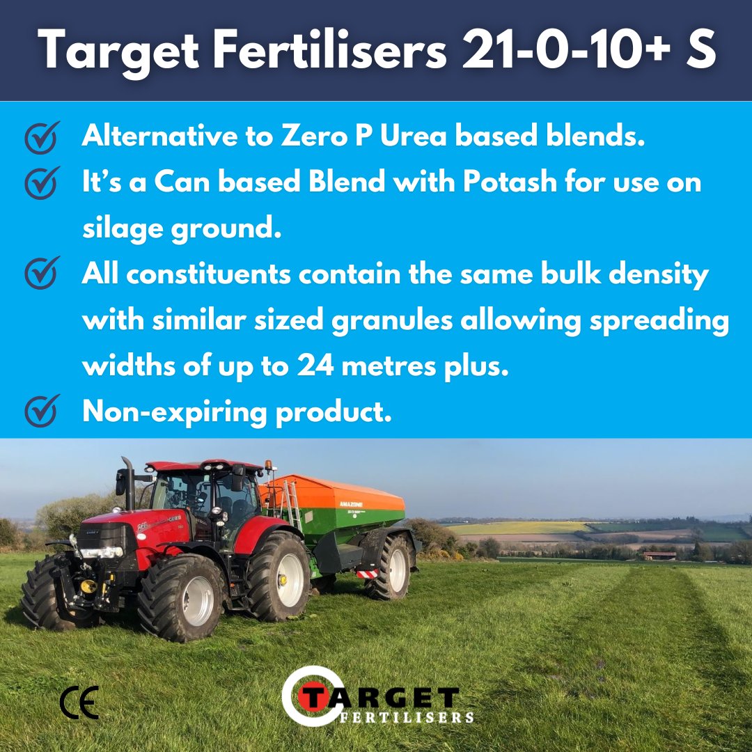 Our 21-0-10+S fertiliser is the ideal choice for silage ground where P allowances are restricted.
✅ A CAN-based blend specially formulated for silage ground
✅ Made with even-sized granules and matching bulk density for accurate spreading up to 24m+