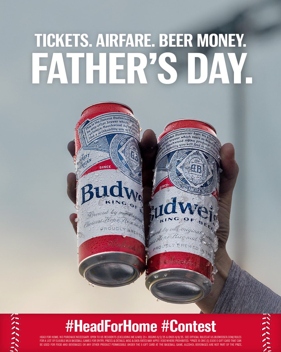 budweiserusa's tweet image. 🚨 Last chance to enter! 🚨

Tell us which Father’s Day ballgame you want to attend and why you’d want to go with dad using #HeadForHome #Contest for a chance to win tickets, airfare and beer money.