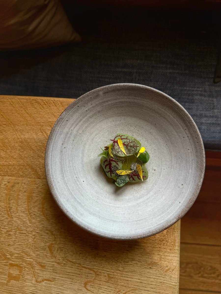 An early summer taste of our garden and woods that surround Oldstead.

A sorbet is made from gooseberries and sorrel juice then infused with tangerine marigold and douglas fir giving it a citrusy hit. Topped with a selection of foraged flowers and herbs from the garden.