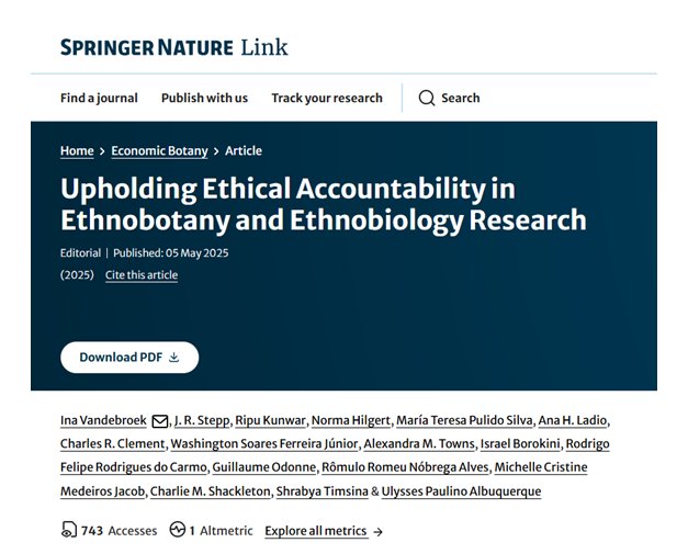 📣📣New publication alert !!!
Vandebroek, I., Stepp, J.R., Kunwar, R. et al. Upholding Ethical Accountability in Ethnobotany and Ethnobiology Research. Econ Bot (2025). doi.org/10.1007/s12231…
