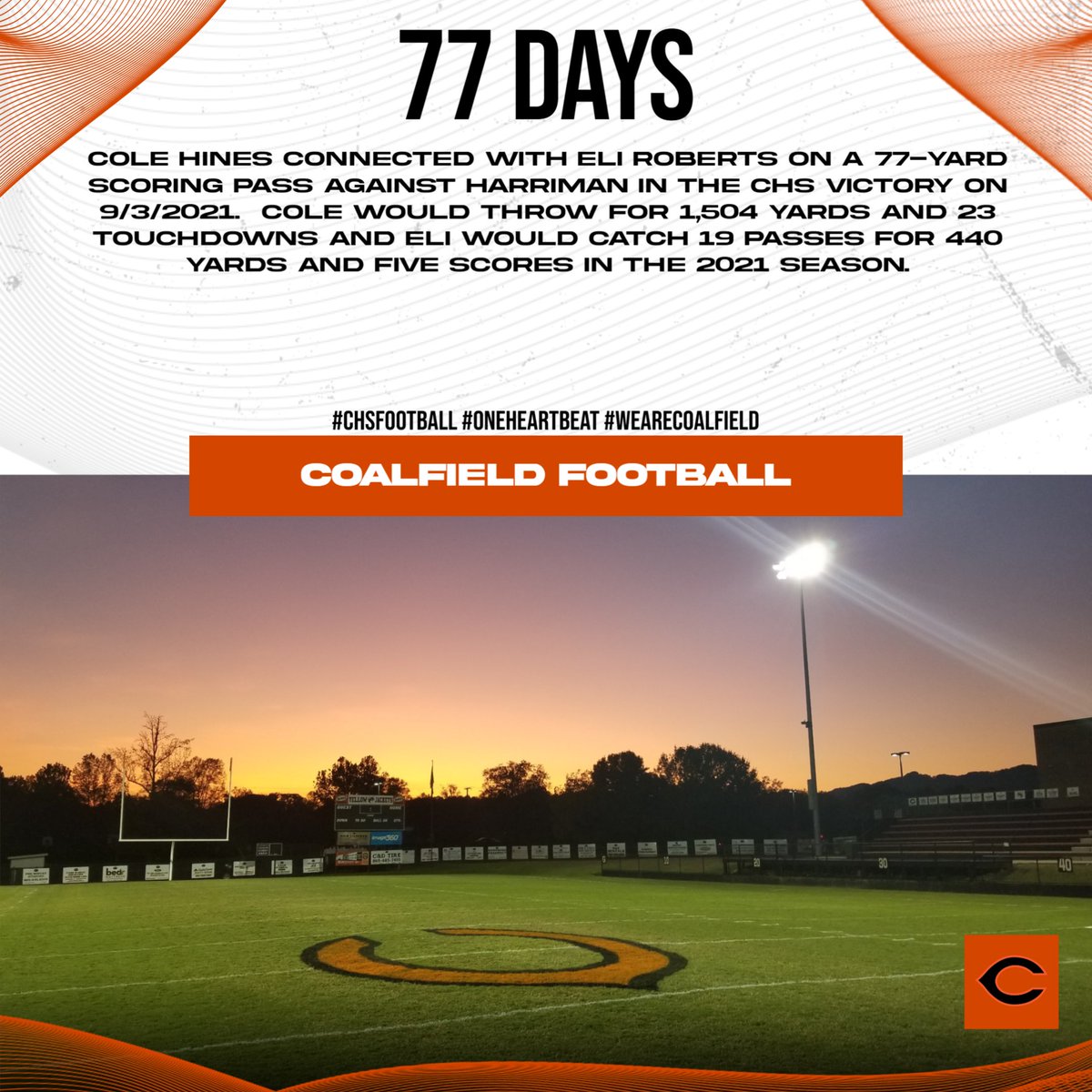 77 days to kickoff! 
#CHSFootball #OneHeartbeat #WeAreCoalfield #CHSCountdown
