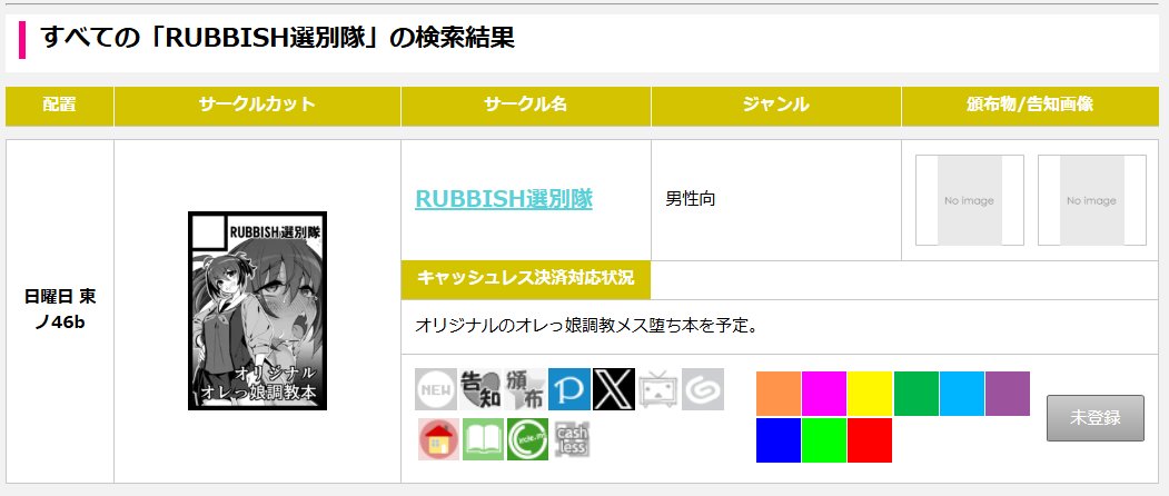 というわけで
あなたのサークル「RUBBISH選別隊」はウンタラカンタラで「日曜 東ノ-46b」に配置されましたよ、とのことです。

よろしくお願いします。 