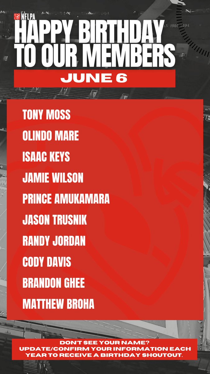 NFLPA Former Players (@nflpafmrplayers) on Twitter photo Happy birthday to our members <a href="/MareOlindo/">olindo mare</a> @Isaackeys <a href="/jwils73/">Jamie Wilson</a> <a href="/PrinceAmukamara/">Prince Amukamara</a> <a href="/jason_trusnik/">Jason Trusnik (official acct.)</a> <a href="/rjordan28/">Randy Jordan</a> <a href="/CodyDavis/">Cody Davis</a> <a href="/BGhee/">Brandon Ghee</a> <a href="/M_Broha/">Matthew Broha</a> - Sending you warm wishes for a fantastic birthday! Happy birthday to our members <a href="/MareOlindo/">olindo mare</a> @Isaackeys <a href="/jwils73/">Jamie Wilson</a> <a href="/PrinceAmukamara/">Prince Amukamara</a> <a href="/jason_trusnik/">Jason Trusnik (official acct.)</a> <a href="/rjordan28/">Randy Jordan</a> <a href="/CodyDavis/">Cody Davis</a> <a href="/BGhee/">Brandon Ghee</a> <a href="/M_Broha/">Matthew Broha</a> - Sending you warm wishes for a fantastic birthday!