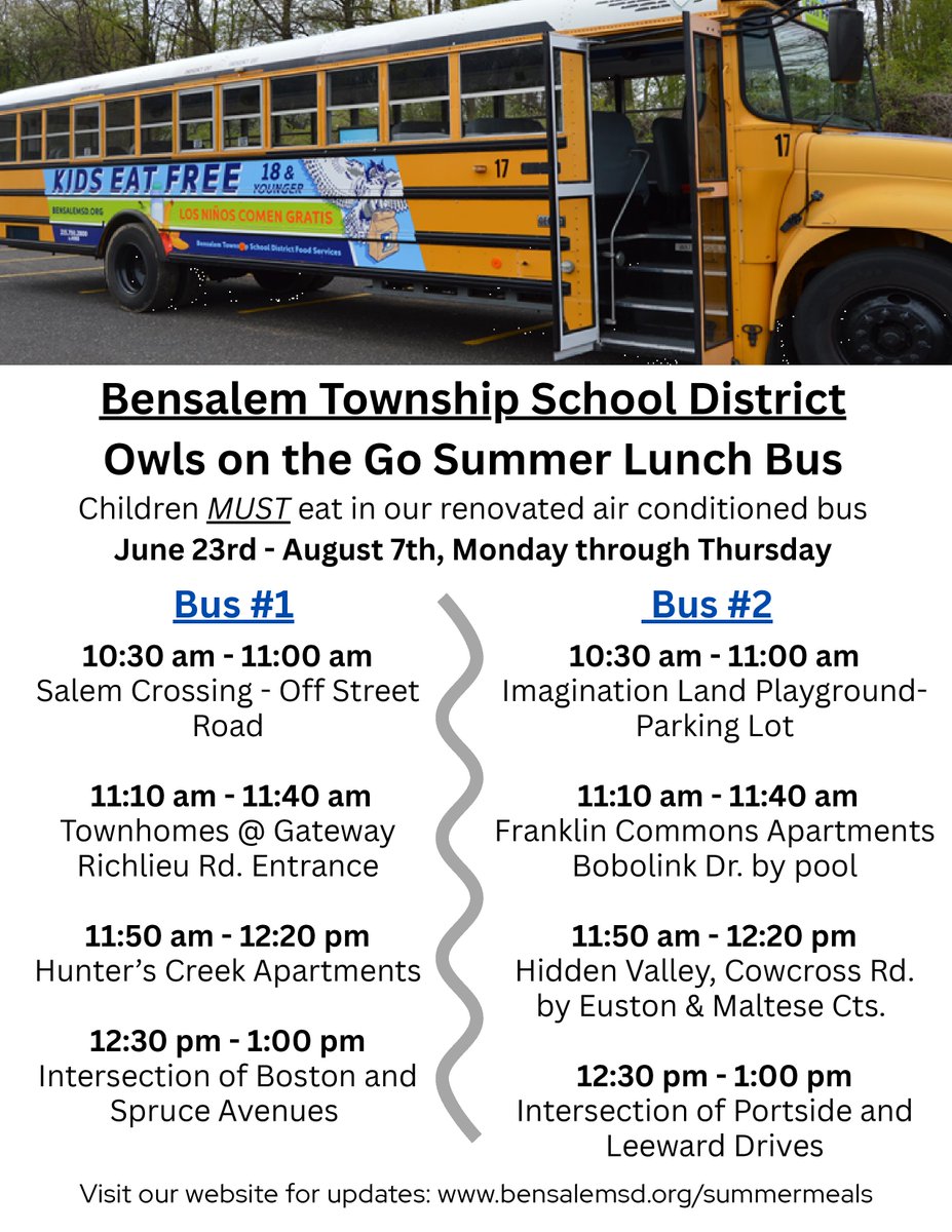 Children 18 and younger can eat in one of our air conditioned buses from June 23 - August 7, Monday through Thursday. See locations below.