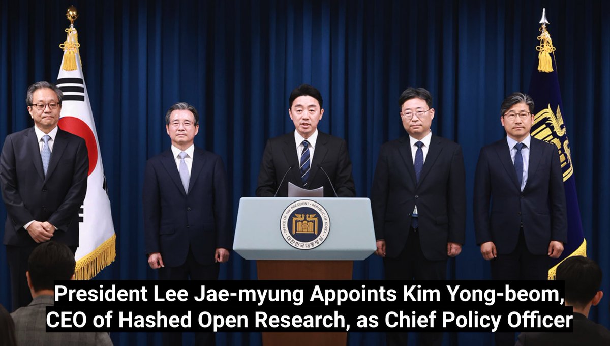 Head of <a href="/hashed_official/">#Hashed</a>'s think tank arm has just been appointed as the Chief of the Policy Office in the Korean Presidential Office!  

We are proud and excited to continue building the Korean market, one of the most powerful crypto hubs in the world, in a safe and sustainable