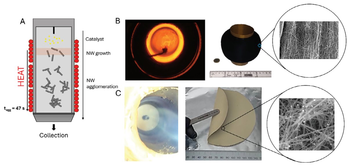 Our group has published “Fractal Scaling in the Gas‐Phase Agglomeration of Nanowires” in the journal small (doi.org/10.1002/smll.2…). In this work,  we explore how Silicon nanowires can self-assemble in the gas phase to form aerogel structures with unique fractal properties.