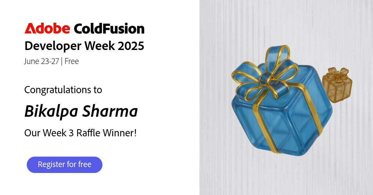 Learn ColdFusion in 1 week. From fundamentals to advanced topics, CF Dev Week is your crash course in building secure, high-performance web apps!
Congrats to Bikalpa Sharma, our Week 3 raffle winner of a $50 Amazon Gift Card!
Want to win too? Register now: bit.ly/3ZiM3l7