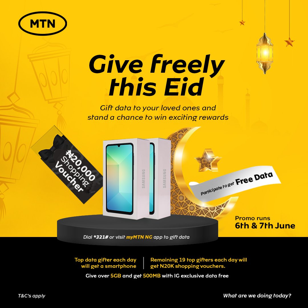 MTNNG's tweet photo. This Eid, give data and get rewarded!
Celebrate the season by sharing data with your loved ones — and stand a chance to win a smartphone, shopping vouchers, and more!
Dial *321# or visit myMTN NG app to gift data.
Promo runs 6th & 7th June only!
#EidMubarak
#DataGifting https://t.co/fPbOrdBqUM