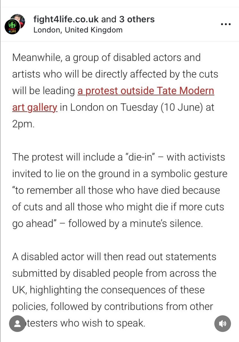 Join <a href="/fight4lifecouk/">fight4life</a> to creatively protest cuts to disability benefits! 

What: a Die In demo
Where: meet outside Tate Modern
When: 10th June 2pm

For more info &amp; to sign up: shorturl.at/OLA2y

Read article by <a href="/johnpringdns/">Disability News Service</a> here: shorturl.at/0ahtJ