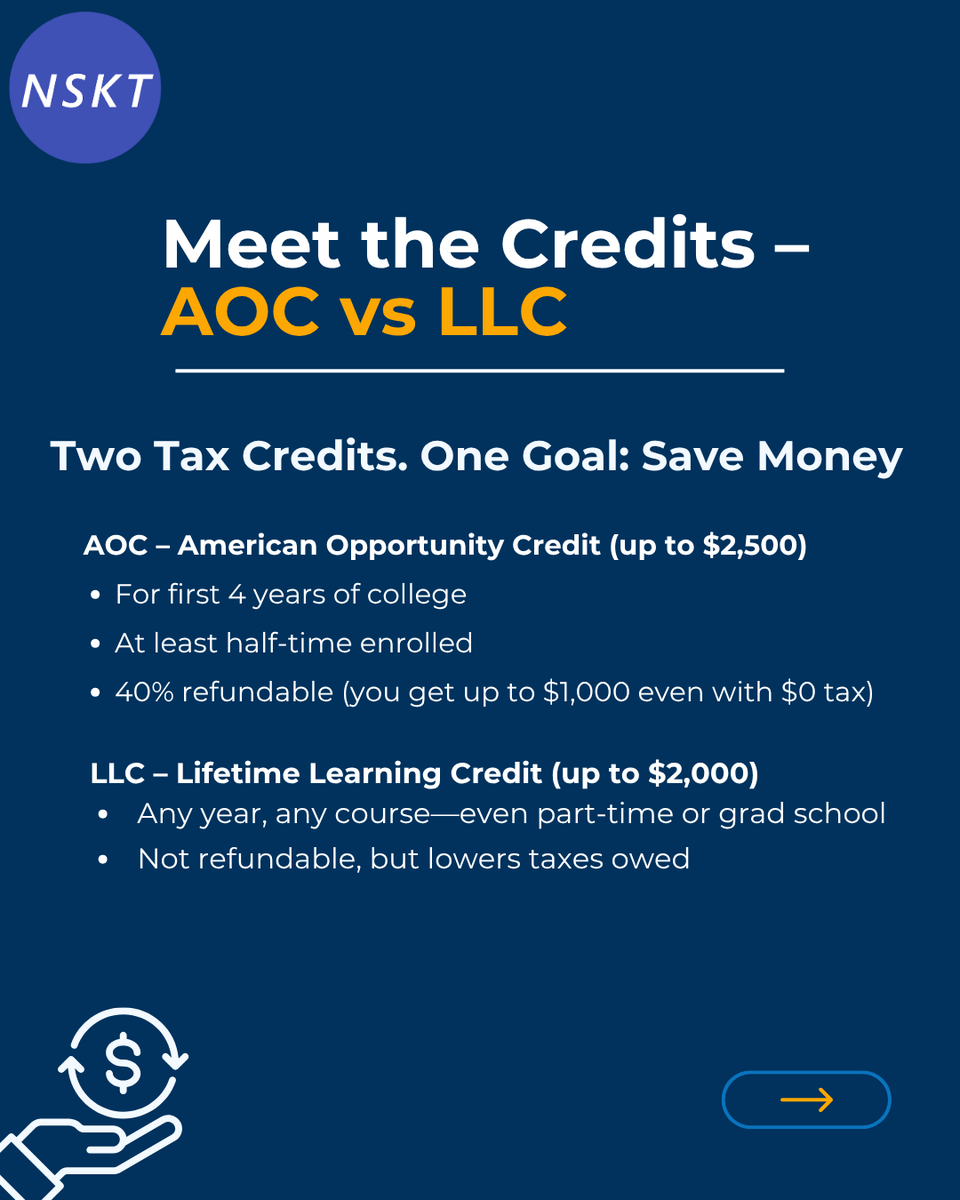 NsktGlobal's tweet photo. 🚨 Students! What if I told you the IRS could pay you back up to $2,500 for just being in college?
🎓 It’s real. It’s called the #AOC &amp; #LLC tax credits and most students don’t even know they qualify.

Visit: https://t.co/UpszwtbDVc

#StudentTaxes #CollegeLife #TaxRefunds #MONEY https://t.co/NILK359Tlc