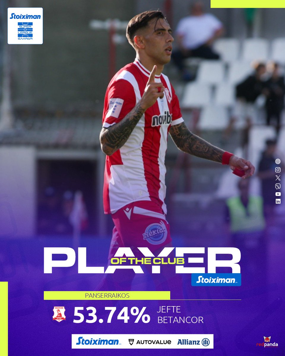 🏆 <a href="/Stoiximan/">Stoiximan</a> Player of the Club του <a href="/FCPanserraikos/">Panserraikos FC</a> o Χέφτε Μπετανκόρ

Αναλυτικά 👉 shorturl.at/Dgcrk

#slgr #StoiximanSuperLeague #POTC #PlayerOfTheClub #PanserraikosFC #Betancor #Stoiximan