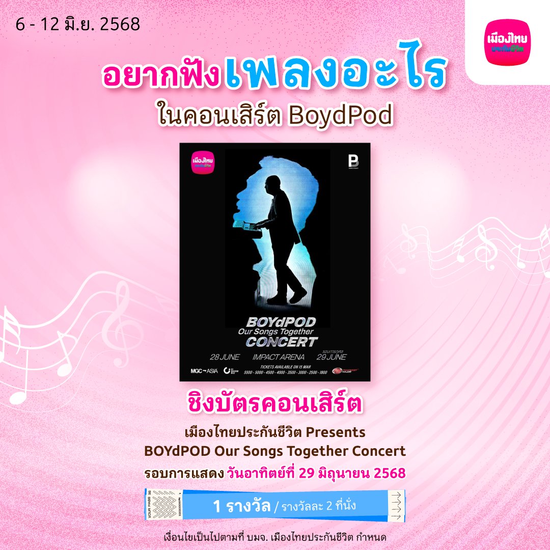 ยก Playlist เพลงโปรดมาไว้ที่นี่! … คุณอยากฟังเพลงอะไร 🎤ในคอนเสิร์ต BoydPod ✨

🎉 ชิงรางวัลบัตรคอนเสิร์ต เมืองไทยประกันชีวิต Presents BOYdPOD Our Songs Together Concert จำนวน 1 รางวัล/รางวัลละ 2 ที่นั่ง

📍#กติการ่วมสนุก
1. กด Repost โพสต์กิจกรรม
2. Reply