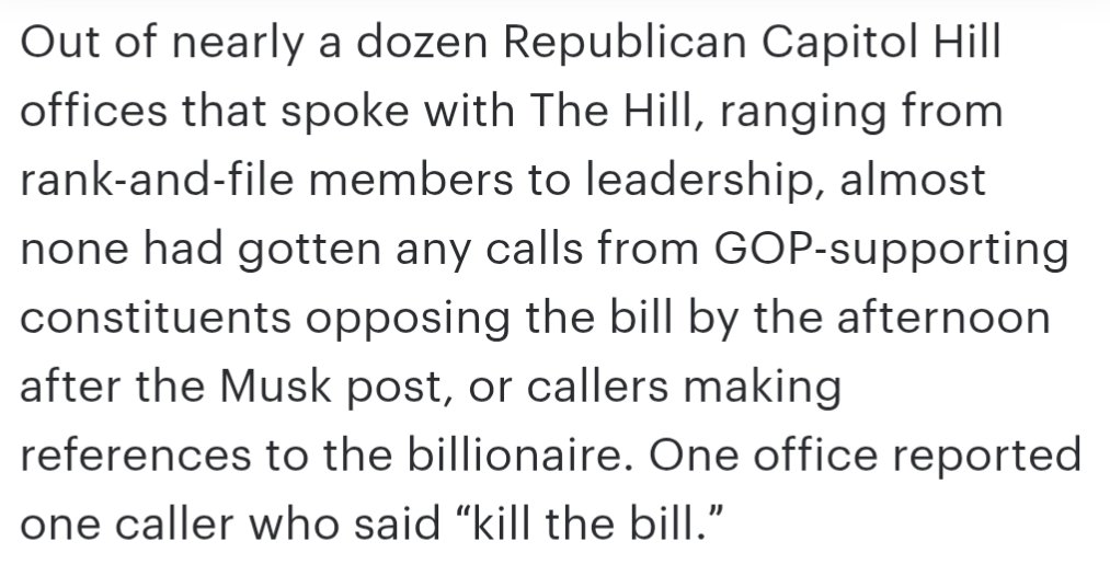 Elon called for 200 million+ followers to "call your representatives and senators and demand that they kill the bill!"

One office got one call.

Zero political power. 

Get back to coding, nerd.