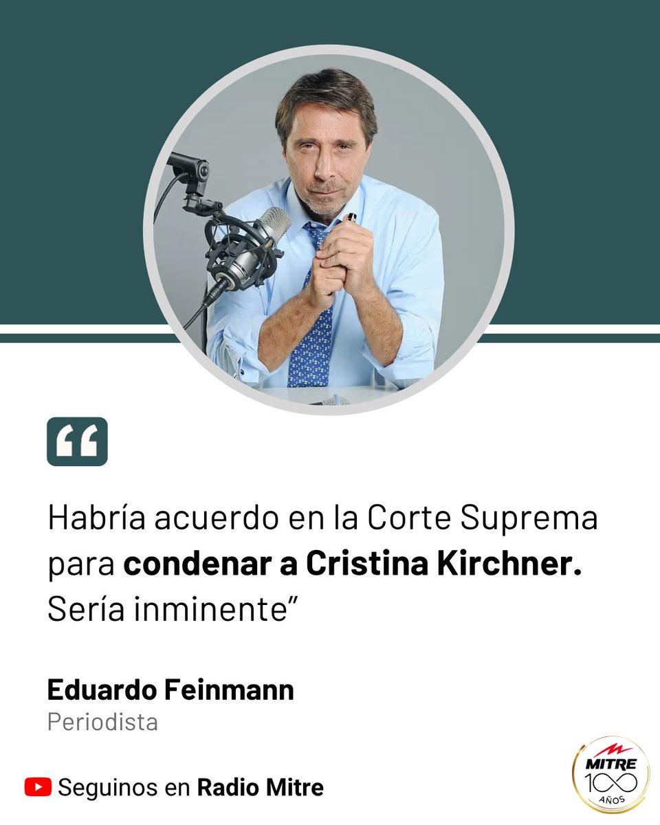 📢 Al aire de Radio Mitre, <a href="/edufeiok/">Eduardo Feinmann</a> reveló: “Habría acuerdo en la Corte Suprema para condenar a Cristina Kirchner. Sería inminente”. 

🗣️ “La decisión ahora está en manos del presidente de la Corte, Horacio Rosatti, que tiene que llevar la sentencia al acuerdo el próximo martes