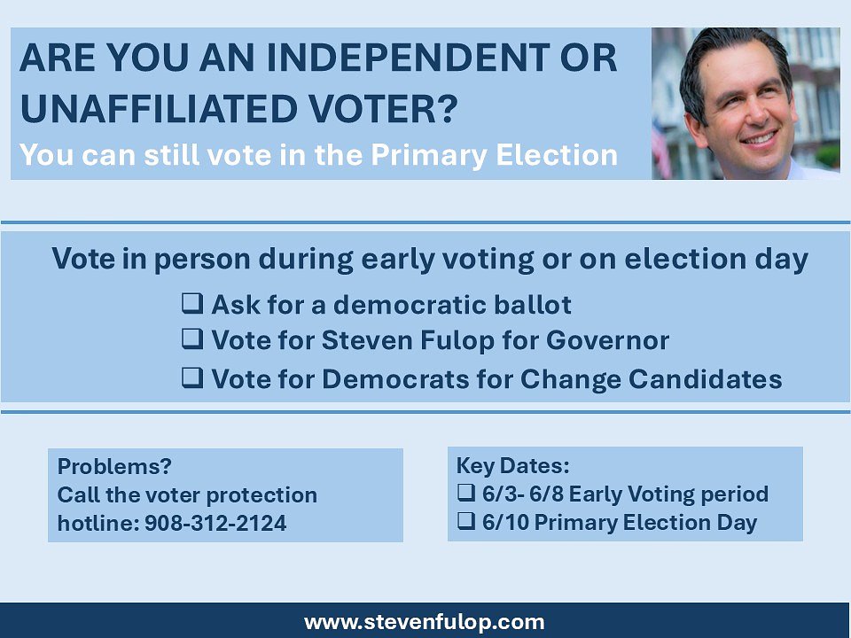 Joanhussey1's tweet photo. Message from Steven Fulop 4 GOV on our NJ Primary
Unaffiliated/independent voters CAN vote in the Primary. Go to your polling location and say that you'd like to vote as a Democrat. 
@StevenFulop for NJ GOV🗳️ #DemocratsForChange 
#DemVoice1 Early voting location:
https://t.co/tGkQkZNcO2