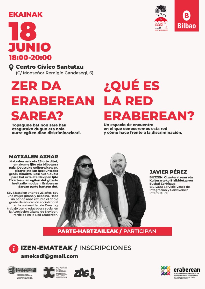 📅📌 El próximo 18 de junio, acércate al Centro Municipal de Santutxu para conocer de cerca qué es la #RedEraberean y cómo trabaja frente a la discriminación.

🤗 Será un espacio abierto para compartir, reflexionar y seguir trabajando la convivencia

🔗 <a href="/Zas_Antirumor/">ZAS antiRumores</a>