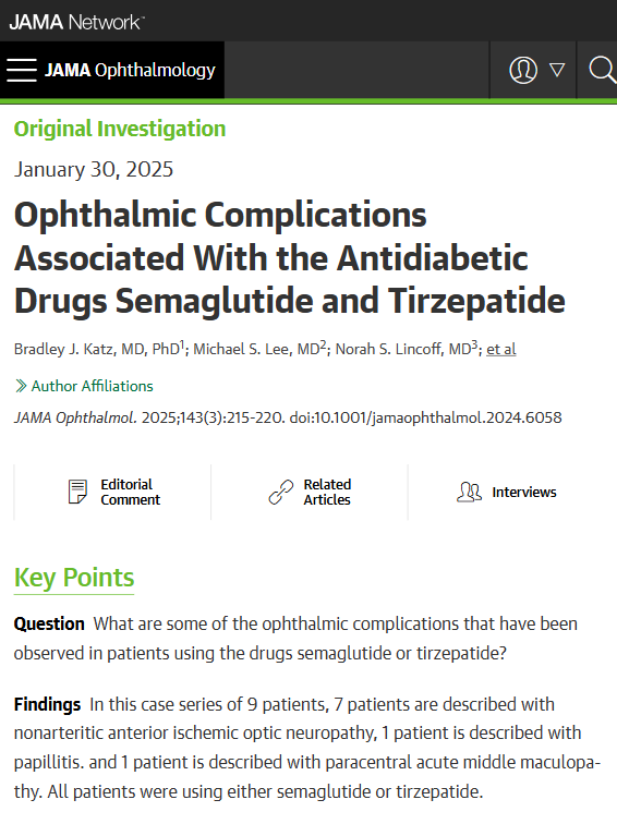 tirzepatide neuropathy Most viewed this week from @JAMAophth: This retrospective case series reports ophthalmic complications, including nonarteritic ischemic anterior optic neuropathy and bilateral papillitis, in patients using semaglutide or tirzepatide. https://t.co