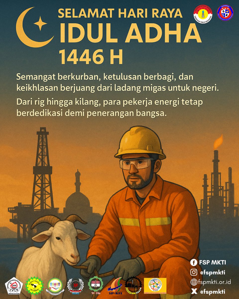 fspmkti's tweet photo. Selamat Hari Raya Idul Adha 1446 
Di tengah bisingnya kompresor dan panasnya flare, semangat pengorbanan tetap menyala.

Pekerja migas tak hanya menjaga energi negeri, tapi juga mewarisi nilai keikhlasan, seperti Nabi Ibrahim AS dan Ismail AS. https://t.co/aveKhPIBN4
