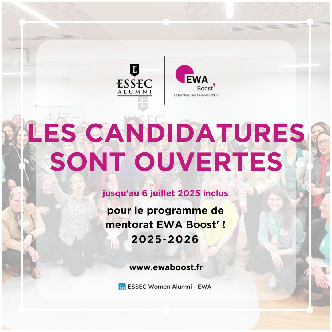 ESSEC Alumni (@essecalumni) on Twitter photo 📣 MENTORAT | Vous êtes une femme diplômée de l’<a href="/essec/">ESSEC Business School</a> et vous souhaitez échanger avec un/e mentor pendant un an ?
Vous avez jusqu’au dimanche 6 juillet inclus pour postuler en ligne au programme EWA Boost’ !
▪️ En savoir plus et vous inscrire : f.mtr.cool/ppisubzioz 📣 MENTORAT | Vous êtes une femme diplômée de l’<a href="/essec/">ESSEC Business School</a> et vous souhaitez échanger avec un/e mentor pendant un an ?
Vous avez jusqu’au dimanche 6 juillet inclus pour postuler en ligne au programme EWA Boost’ !
▪️ En savoir plus et vous inscrire : f.mtr.cool/ppisubzioz