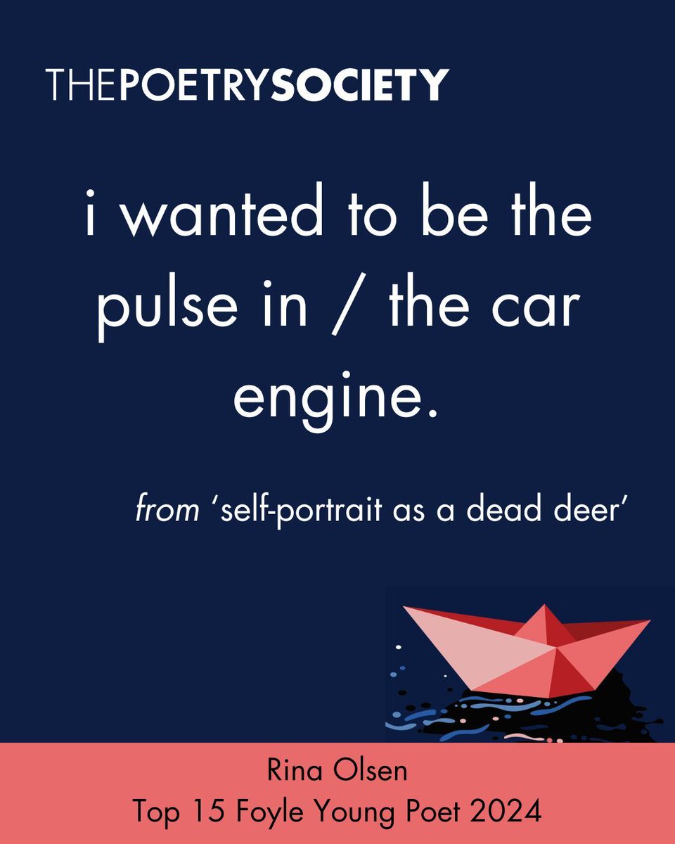 PoetrySociety's tweet image. An extract from Rina Olsen's 'self-portrait as a dead deer', a winning poem in the Foyle Young Poets of the Year Award 2024.
Read the full poem at poems.poetrysociety.org.uk/poets/rina-ols…
If you're a poet aged 11-17, enter this year's competition by 31 July at foyleyoungpoets.org