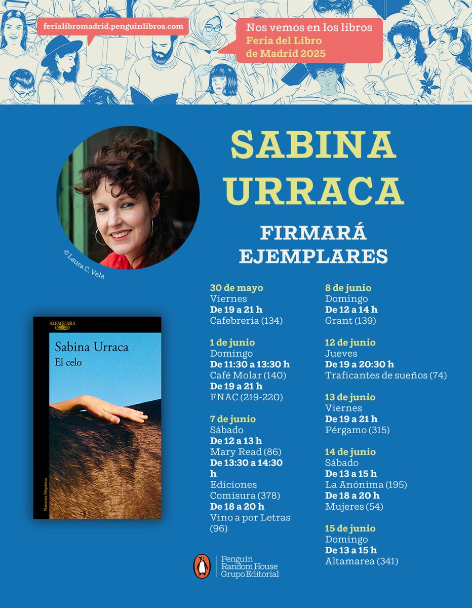 Alfaguara (@alfaguaraes) on Twitter photo <a href="/FLMadrid/">Feria del Libro de Madrid</a> <a href="/penguinlibros/">Penguin España 🐧📚</a> <a href="/Mendezlibreria/">Librería Méndez</a> <a href="/libreriavisor/">Visor Libros</a> <a href="/Rivasbarrs/">manuel rivas barrós</a> <a href="/LibreriaLe/">Librería Lé</a> <a href="/letras_vino/">Vino a por letras</a> <a href="/sintarima/">Sin Tarima Libros</a> <a href="/mugalibros/">Librería Muga</a> <a href="/G_Arriaga/">Guillermo Arriaga</a> <a href="/Fnac_ESP/">Fnac España</a> ✍️Sabina Urraca firmará ⬇️
🗓️ 7 de junio
⏰12-13h 👉 <a href="/MaryReadLibre/">Mary Read</a> (caseta 86)
⏰13:30-14:30h 👉 <a href="/Comisura_ed/">Ediciones Comisura</a> (caseta 378)
⏰18-20h 👉 <a href="/letras_vino/">Vino a por letras</a> (caseta 96)
🗓️ 8 de junio
⏰12-14h 👉 Librería Grant (caseta 139) <a href="/FLMadrid/">Feria del Libro de Madrid</a> <a href="/penguinlibros/">Penguin España 🐧📚</a> <a href="/Mendezlibreria/">Librería Méndez</a> <a href="/libreriavisor/">Visor Libros</a> <a href="/Rivasbarrs/">manuel rivas barrós</a> <a href="/LibreriaLe/">Librería Lé</a> <a href="/letras_vino/">Vino a por letras</a> <a href="/sintarima/">Sin Tarima Libros</a> <a href="/mugalibros/">Librería Muga</a> <a href="/G_Arriaga/">Guillermo Arriaga</a> <a href="/Fnac_ESP/">Fnac España</a> ✍️Sabina Urraca firmará ⬇️
🗓️ 7 de junio
⏰12-13h 👉 <a href="/MaryReadLibre/">Mary Read</a> (caseta 86)
⏰13:30-14:30h 👉 <a href="/Comisura_ed/">Ediciones Comisura</a> (caseta 378)
⏰18-20h 👉 <a href="/letras_vino/">Vino a por letras</a> (caseta 96)
🗓️ 8 de junio
⏰12-14h 👉 Librería Grant (caseta 139)