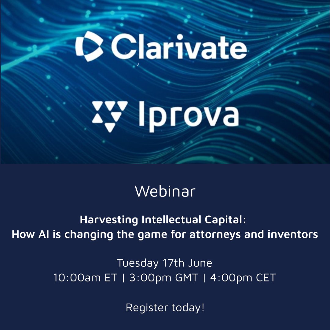 Iprova (@iprovainvents) on Twitter photo Join Iprova & <a href="/ClarivateIP/">Clarivate for Intellectual Property</a> for a webinar where experts discuss how AI streamlines invention workflows, boosts collaboration and reduces costs.
Register now! discover.clarivate.com/ai-impact-on-a… Join Iprova & <a href="/ClarivateIP/">Clarivate for Intellectual Property</a> for a webinar where experts discuss how AI streamlines invention workflows, boosts collaboration and reduces costs.
Register now! discover.clarivate.com/ai-impact-on-a…