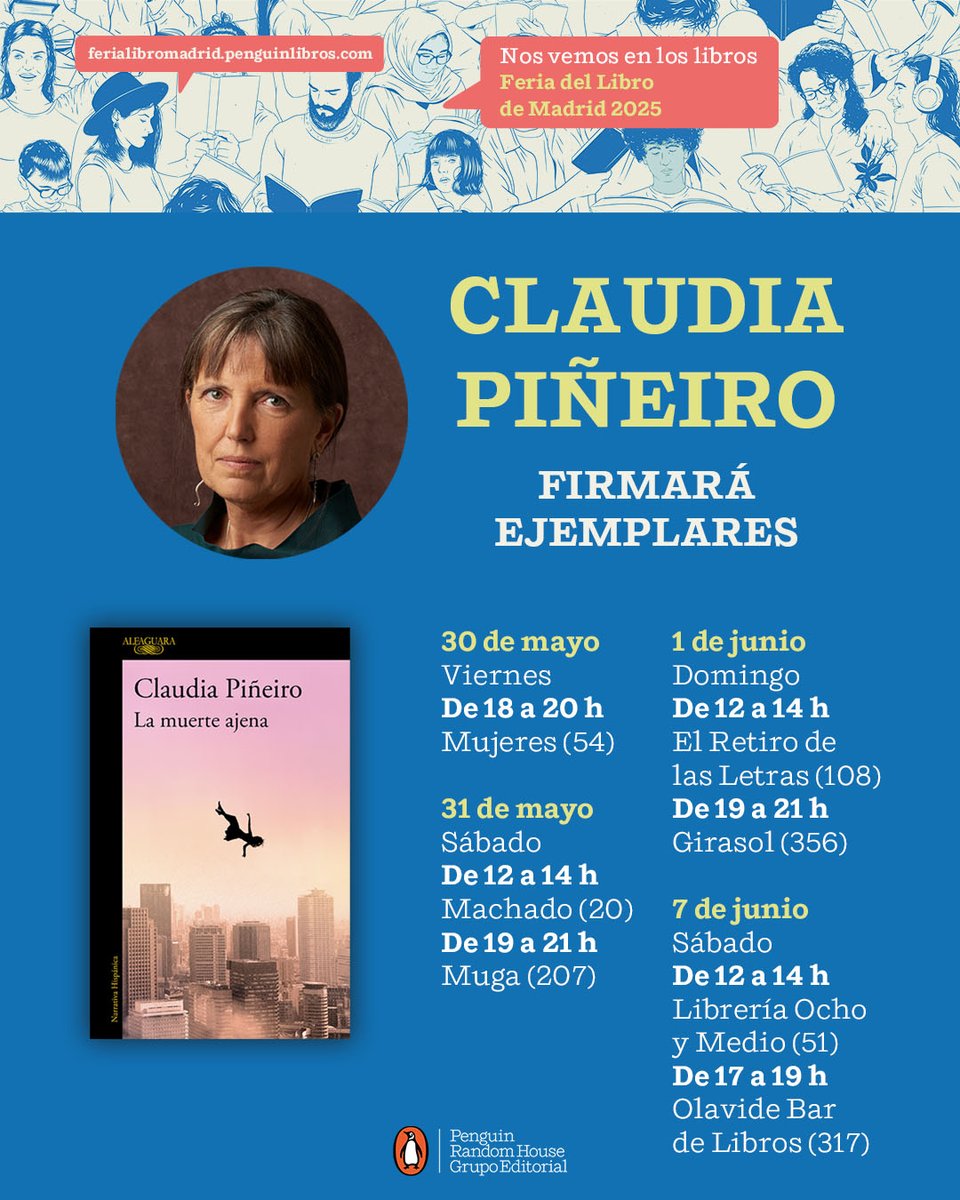 Alfaguara (@alfaguaraes) on Twitter photo <a href="/FLMadrid/">Feria del Libro de Madrid</a> <a href="/penguinlibros/">Penguin España 🐧📚</a> <a href="/Mendezlibreria/">Librería Méndez</a> <a href="/libreriavisor/">Visor Libros</a> <a href="/Rivasbarrs/">manuel rivas barrós</a> <a href="/LibreriaLe/">Librería Lé</a> <a href="/letras_vino/">Vino a por letras</a> <a href="/sintarima/">Sin Tarima Libros</a> <a href="/mugalibros/">Librería Muga</a> <a href="/G_Arriaga/">Guillermo Arriaga</a> <a href="/Fnac_ESP/">Fnac España</a> <a href="/MaryReadLibre/">Mary Read</a> <a href="/Comisura_ed/">Ediciones Comisura</a> <a href="/sdiazcortes/">Santiago Díaz</a> <a href="/OchoyMedio_/">Ocho y Medio</a> <a href="/LibreriaAlberti/">Librería Alberti</a> <a href="/CervantesyCia/">Cervantes y Compañía</a> <a href="/casadellibro/">Casa del Libro</a> ✍️ <a href="/claudiapineiro/">Claudia Piñeiro 💚 🧡</a> firmará ⬇️
🗓️ 7 de junio
⏰12-14:h 👉 <a href="/OchoyMedio_/">Ocho y Medio</a> (caseta 51)
⏰17-19h 👉 <a href="/Olavidelibros/">Olavide | Bar de Libros</a> (caseta 317) <a href="/FLMadrid/">Feria del Libro de Madrid</a> <a href="/penguinlibros/">Penguin España 🐧📚</a> <a href="/Mendezlibreria/">Librería Méndez</a> <a href="/libreriavisor/">Visor Libros</a> <a href="/Rivasbarrs/">manuel rivas barrós</a> <a href="/LibreriaLe/">Librería Lé</a> <a href="/letras_vino/">Vino a por letras</a> <a href="/sintarima/">Sin Tarima Libros</a> <a href="/mugalibros/">Librería Muga</a> <a href="/G_Arriaga/">Guillermo Arriaga</a> <a href="/Fnac_ESP/">Fnac España</a> <a href="/MaryReadLibre/">Mary Read</a> <a href="/Comisura_ed/">Ediciones Comisura</a> <a href="/sdiazcortes/">Santiago Díaz</a> <a href="/OchoyMedio_/">Ocho y Medio</a> <a href="/LibreriaAlberti/">Librería Alberti</a> <a href="/CervantesyCia/">Cervantes y Compañía</a> <a href="/casadellibro/">Casa del Libro</a> ✍️ <a href="/claudiapineiro/">Claudia Piñeiro 💚 🧡</a> firmará ⬇️
🗓️ 7 de junio
⏰12-14:h 👉 <a href="/OchoyMedio_/">Ocho y Medio</a> (caseta 51)
⏰17-19h 👉 <a href="/Olavidelibros/">Olavide | Bar de Libros</a> (caseta 317)