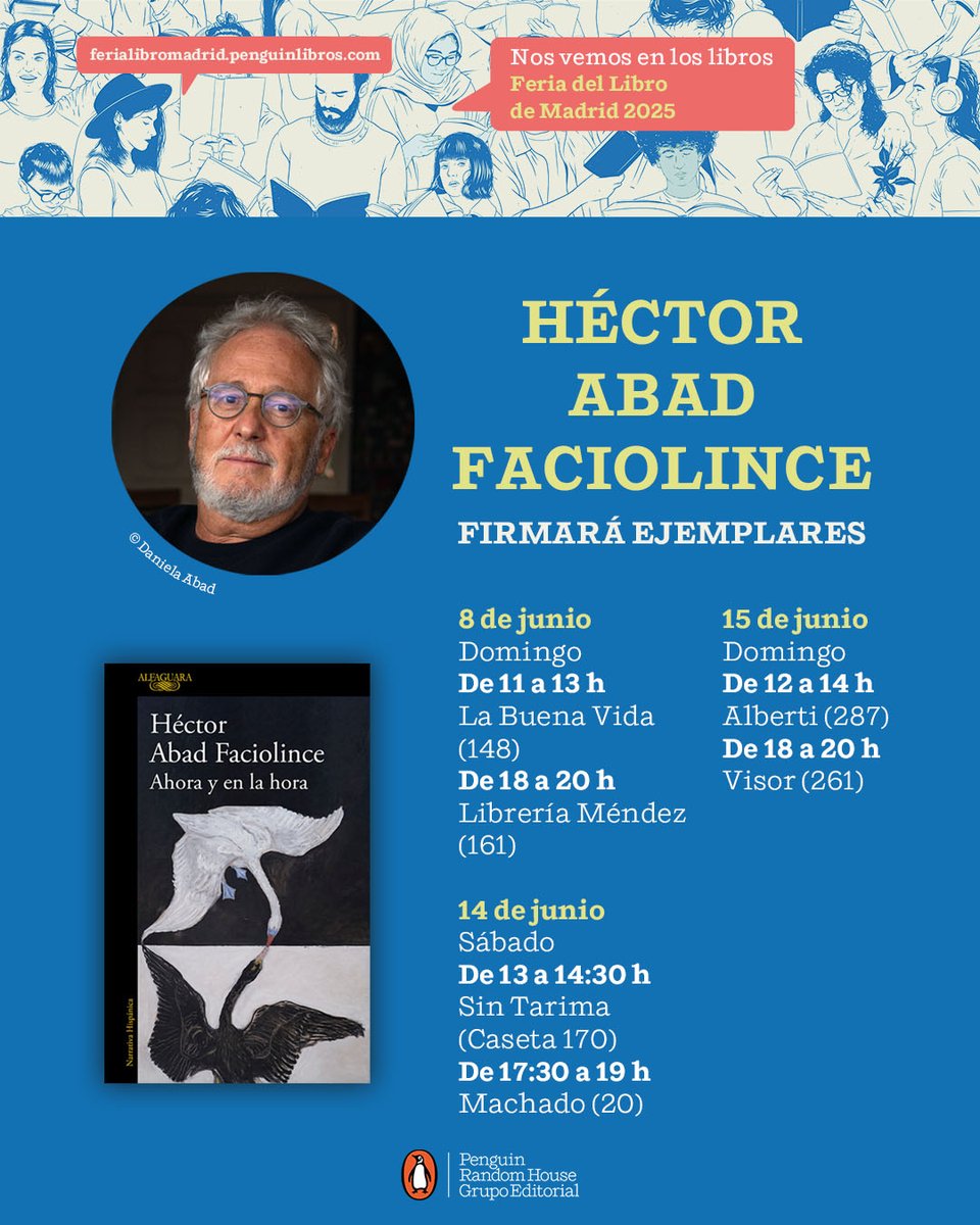 Alfaguara (@alfaguaraes) on Twitter photo <a href="/FLMadrid/">Feria del Libro de Madrid</a> <a href="/penguinlibros/">Penguin España 🐧📚</a> <a href="/Mendezlibreria/">Librería Méndez</a> <a href="/libreriavisor/">Visor Libros</a> <a href="/Rivasbarrs/">manuel rivas barrós</a> <a href="/LibreriaLe/">Librería Lé</a> <a href="/letras_vino/">Vino a por letras</a> <a href="/sintarima/">Sin Tarima Libros</a> <a href="/mugalibros/">Librería Muga</a> <a href="/G_Arriaga/">Guillermo Arriaga</a> <a href="/Fnac_ESP/">Fnac España</a> <a href="/MaryReadLibre/">Mary Read</a> <a href="/Comisura_ed/">Ediciones Comisura</a> <a href="/sdiazcortes/">Santiago Díaz</a> <a href="/OchoyMedio_/">Ocho y Medio</a> <a href="/LibreriaAlberti/">Librería Alberti</a> <a href="/CervantesyCia/">Cervantes y Compañía</a> <a href="/casadellibro/">Casa del Libro</a> <a href="/claudiapineiro/">Claudia Piñeiro 💚 🧡</a> <a href="/Olavidelibros/">Olavide | Bar de Libros</a> <a href="/AEscrivaGrau/">Alexandre Escrivà</a> ✍️ <a href="/hectorabadf/">Héctor Abad F.</a> firmará ⬇️
🗓️ 8 de junio
⏰11-13h 👉 <a href="/LaBuenaVidaLib/">La Buena Vida</a> (caseta 148)
⏰18-20h 👉 <a href="/Mendezlibreria/">Librería Méndez</a> (caseta 161) <a href="/FLMadrid/">Feria del Libro de Madrid</a> <a href="/penguinlibros/">Penguin España 🐧📚</a> <a href="/Mendezlibreria/">Librería Méndez</a> <a href="/libreriavisor/">Visor Libros</a> <a href="/Rivasbarrs/">manuel rivas barrós</a> <a href="/LibreriaLe/">Librería Lé</a> <a href="/letras_vino/">Vino a por letras</a> <a href="/sintarima/">Sin Tarima Libros</a> <a href="/mugalibros/">Librería Muga</a> <a href="/G_Arriaga/">Guillermo Arriaga</a> <a href="/Fnac_ESP/">Fnac España</a> <a href="/MaryReadLibre/">Mary Read</a> <a href="/Comisura_ed/">Ediciones Comisura</a> <a href="/sdiazcortes/">Santiago Díaz</a> <a href="/OchoyMedio_/">Ocho y Medio</a> <a href="/LibreriaAlberti/">Librería Alberti</a> <a href="/CervantesyCia/">Cervantes y Compañía</a> <a href="/casadellibro/">Casa del Libro</a> <a href="/claudiapineiro/">Claudia Piñeiro 💚 🧡</a> <a href="/Olavidelibros/">Olavide | Bar de Libros</a> <a href="/AEscrivaGrau/">Alexandre Escrivà</a> ✍️ <a href="/hectorabadf/">Héctor Abad F.</a> firmará ⬇️
🗓️ 8 de junio
⏰11-13h 👉 <a href="/LaBuenaVidaLib/">La Buena Vida</a> (caseta 148)
⏰18-20h 👉 <a href="/Mendezlibreria/">Librería Méndez</a> (caseta 161)