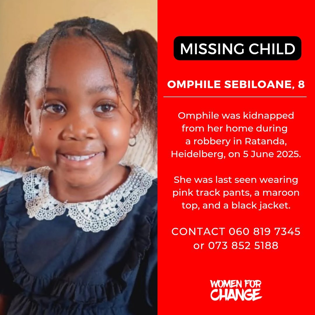 ⚠️ MISSING CHILD ⚠️

Omphile Sebiloane, 8, was kidnapped from her home in Ratanda, Heidelberg, during a house robbery on the morning of 5 June 2025.

It is alleged that the family was abruptly awoken when unknown men broke into their home, reportedly with the intent to commit