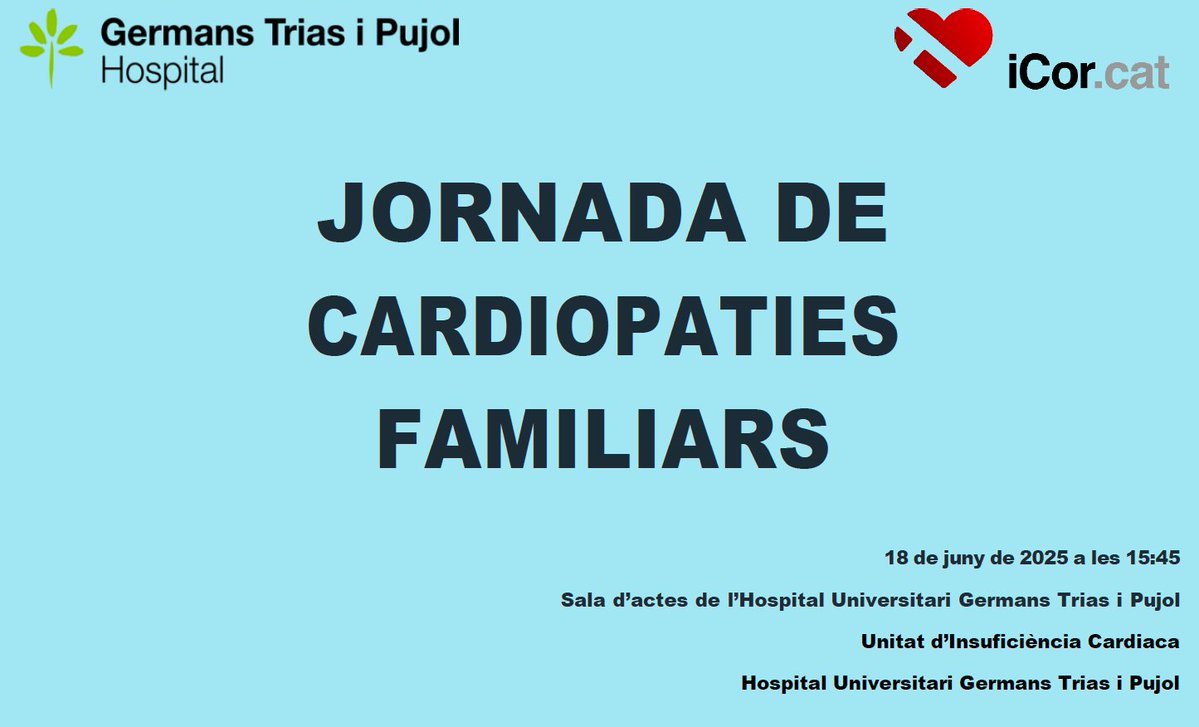 IGTP (@gtrecerca) on Twitter photo En 1⃣ setmana tindrà lloc la Jornada de Cardiopaties Familiars organitzada per la Unitat d’Insuficiència Cardiaca – <a href="/iCorGTrias/">L'Institut del Cor del Germans Trias</a>
🗓️ 18 de juny, 15:45h
📍 Sala d'actes <a href="/hgermanstrias/">Hosp. Germans Trias</a>
Més informació i programa 👉 germanstrias.org/en/events/1036… En 1⃣ setmana tindrà lloc la Jornada de Cardiopaties Familiars organitzada per la Unitat d’Insuficiència Cardiaca – <a href="/iCorGTrias/">L'Institut del Cor del Germans Trias</a>
🗓️ 18 de juny, 15:45h
📍 Sala d'actes <a href="/hgermanstrias/">Hosp. Germans Trias</a>
Més informació i programa 👉 germanstrias.org/en/events/1036…