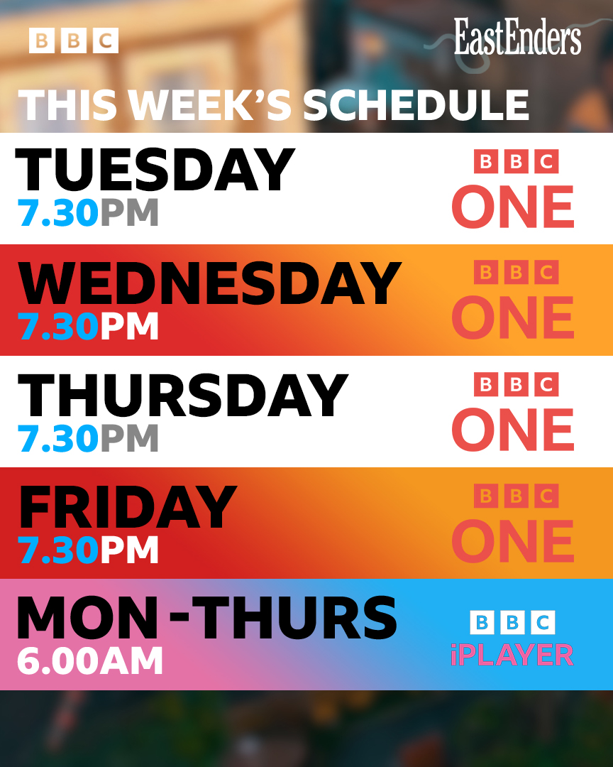 bbceastenders's tweet image. 📣#EastEnders schedule change! This week's EastEnders will air Tuesday, Wednesday, Thursday and Friday. There is no episode tonight. But don't despair, you can also watch now on @BBCiPlayer.