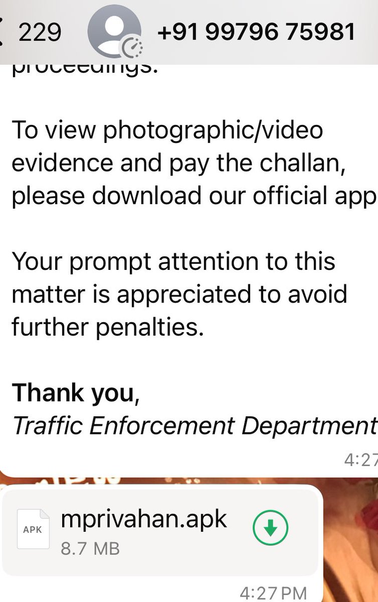 UpdatesViz's tweet photo. #SCAM ALERT 🚨:

@tnpoliceoffl @ChennaiTraffic 

Received message with my car no stating that I have violated traffic rules.

And sent me .apk file.

Please spread this info and officers please take action.

Thank you. https://t.co/QPZyl8QjWd