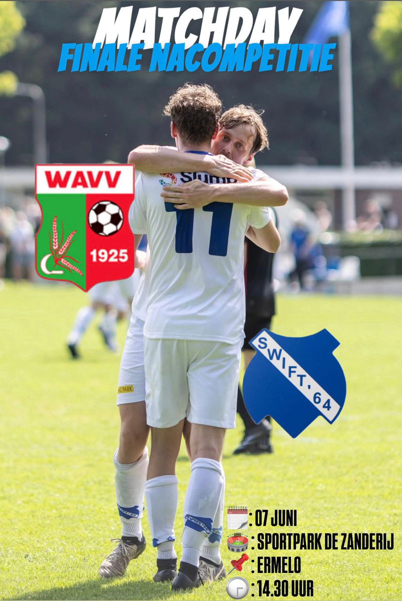 ⚪️⚪️MATCHDAY⚪️⚪️

⚽️ <a href="/WAVV1/">WAVV 1925</a> - <a href="/Swift64voetbal/">Swift '64 ⚽️</a>
📆 07-06-2025
🕝 14:30
🏟 Sportpark De Zanderij
📍 Ermelo