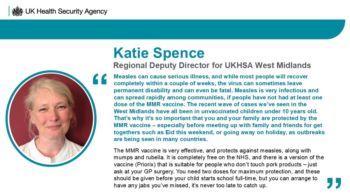 UKHSA West Midlands (@ukhsa_westmids) on Twitter photo We're seeing #Measles cases across the country - including the #WestMidlands region
Our Regional Deputy Director Katie Spences explains why it's so important that families make sure they're up to date with their #MMR vaccine in time for summer
<a href="/birmingham_live/">Birmingham Live</a> <a href="/ExpressandStar/">Express & Star</a> We're seeing #Measles cases across the country - including the #WestMidlands region
Our Regional Deputy Director Katie Spences explains why it's so important that families make sure they're up to date with their #MMR vaccine in time for summer
<a href="/birmingham_live/">Birmingham Live</a> <a href="/ExpressandStar/">Express & Star</a>