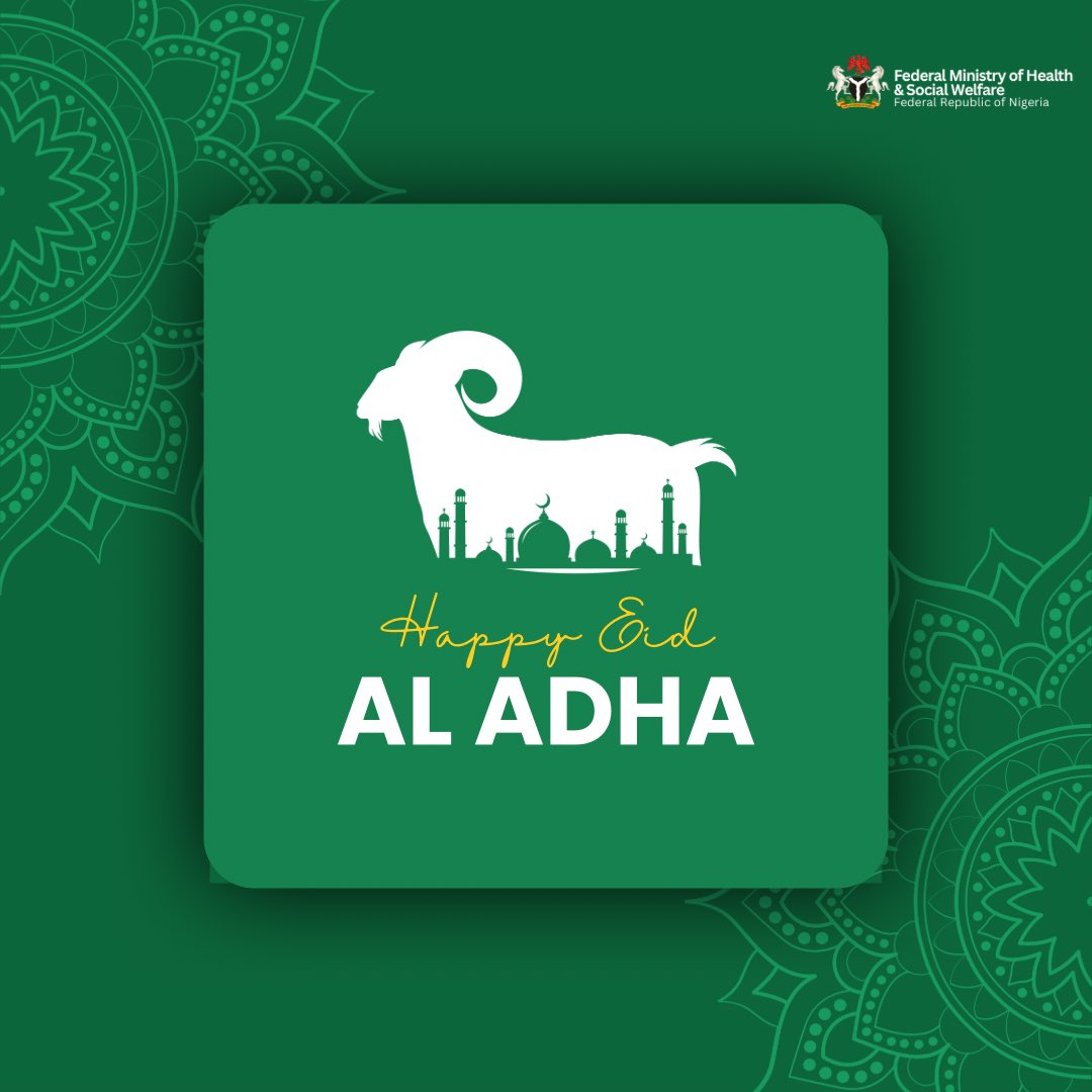 Eid al-Adha Mubarak from the Federal Ministry of Health and Social Welfare! 🐐🌙

As you gather, grill, and give thanks, here are some fun health tips:
🥩 Handle meat safely. Don’t let food poisoning crash the party.
🧼 Wash your hands before you dig in.
🥗 Balance your feast