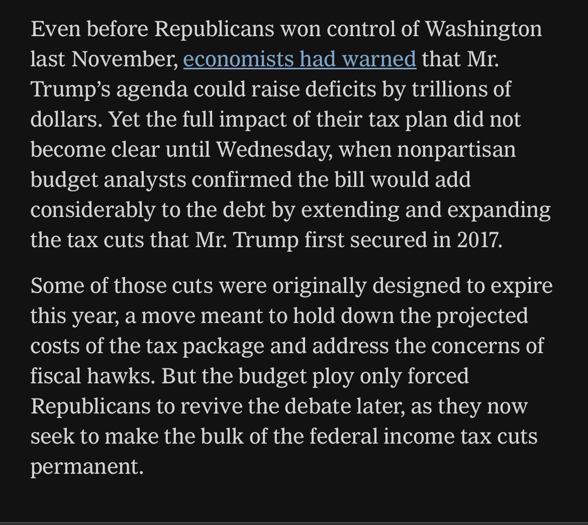 Great story by <a href="/TonyRomm/">tony romm</a> on the debt implications of tax reform. Particularly struck by the below section because we’re setting ourselves up for more fiscal cliffs in the future!

2028: tips, OT, CTC, auto loans
2029: R&amp;D, bonus, interest deductibility

nytimes.com/2025/06/06/bus…