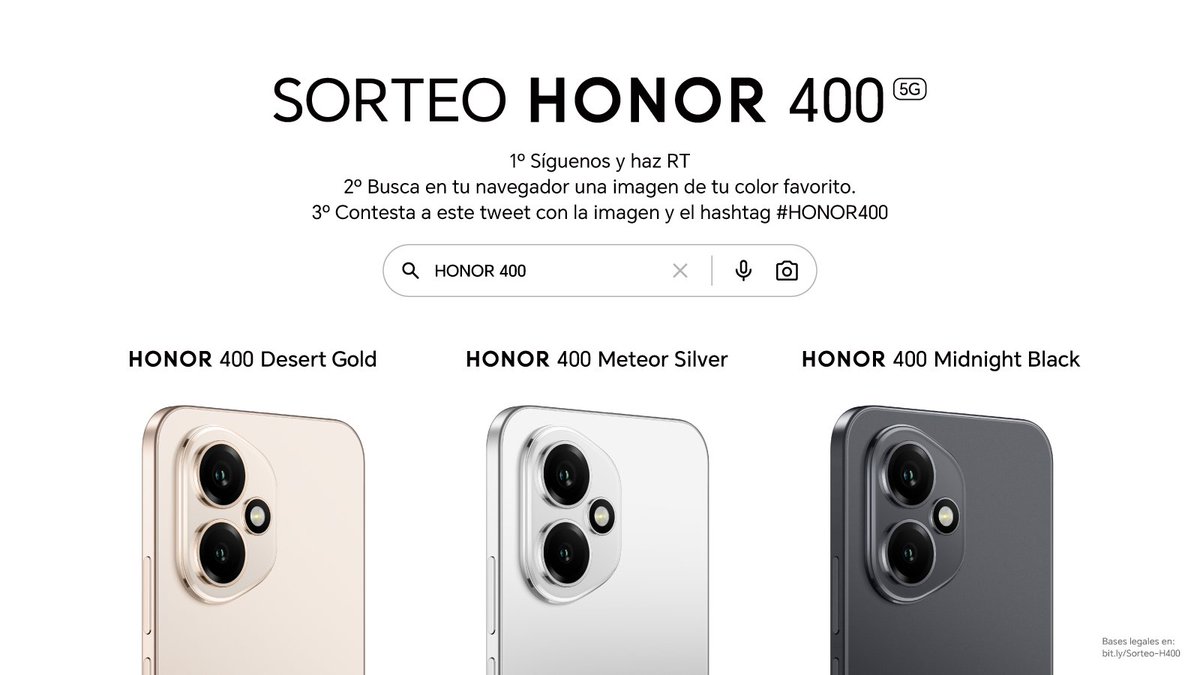 Honor_ES's tweet image. 🎁¡SORTEAZO de un #HONOR400!🎁

👇INSTRUCCIONES👇

1⃣ RT y síguenos.
2⃣ Busca en   G o o g l e   una imagen de tu HONOR 400 favorito (hay 3 colores)
3⃣ Contesta a este tweet con la imagen y el hashtag #HONOR400.

🍀¡Mucha suerte!