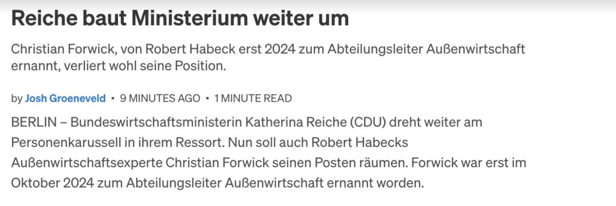 👀 Wirtschaftsministerin Katherina #Reiche ist noch nicht fertig mit den personellen Umbauarbeiten in ihrem Ressort. 

💼 Nach meinen Informationen soll jetzt auch Christian Forwick, bisher Abteilungsleiter Außenwirtschaft, seinen Posten räumen. BMWE: "Kein Kommentar."