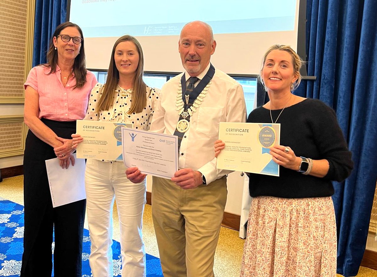 Congratulations to the winners of the DHF Dental Care Professional Award at todays <a href="/ISDHtweets/">ISDH</a> Conf. Our CEO Orlaith Kennedy was delighted to award the Bursary to Emer Crowley &amp; Karen Hennessy.

Pic: Orlaith Kennedy, Emer Crowley, Dr Neil Martin, and Karen Hennessy